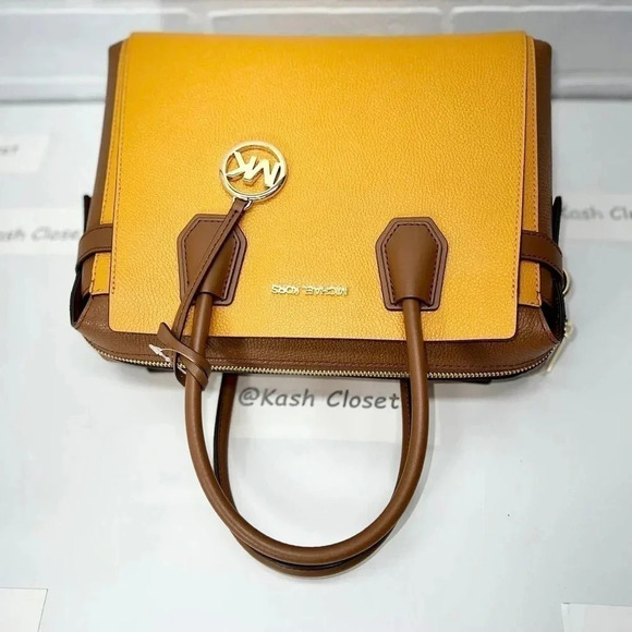 Michael Kors Mercer MD Two-Tone Pebbled Leather Belted Satchel - Honeycomb Multi - Picture 10 of 12